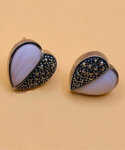 Vintage Silver, Marcasite and Mother of Pearl Heart Earrings
