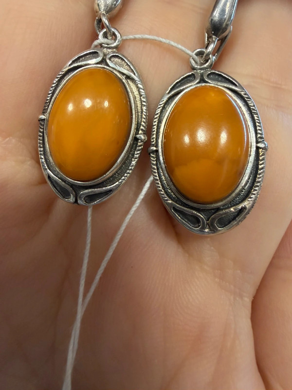 Ethnic-Style Sterling Silver Earrings with Natural Amber