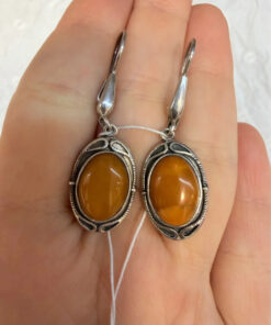 Ethnic-Style Sterling Silver Earrings with Natural Amber