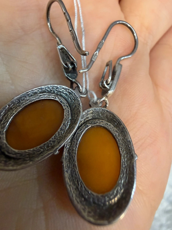 Ethnic-Style Sterling Silver Earrings with Natural Amber