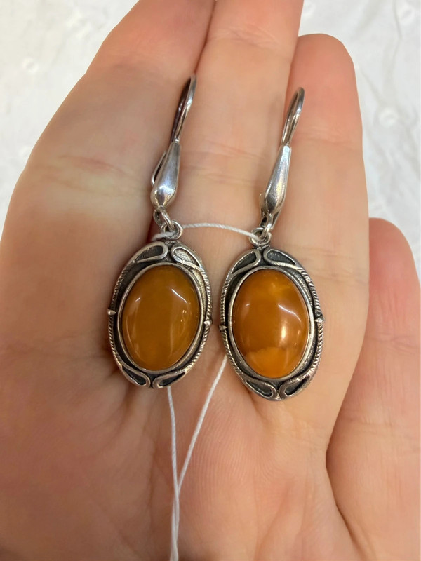 Ethnic-Style Sterling Silver Earrings with Natural Amber