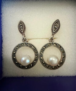 Beautiful silver earrings with marcasite and natural pearls#114