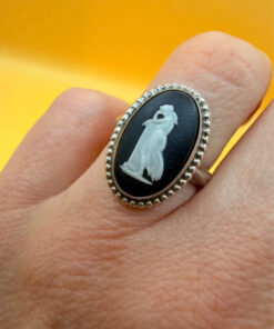 Vintage Unique Sterling Silver Wedgwood Black Jasperware Cameo Ring Size I 1/2#114