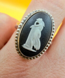 Vintage Unique Sterling Silver Wedgwood Black Jasperware Cameo Ring Size I 1/2