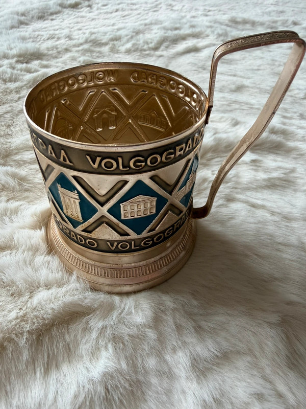 Soviet USSR Vintage Glass Tea Cup Holder “Volgograd”Podstakannik 1960-70s USSR