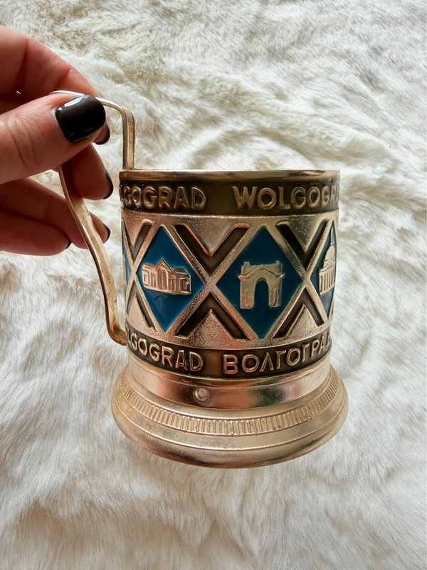 Soviet USSR Vintage Glass Tea Cup Holder “Volgograd”Podstakannik 1960-70s USSR