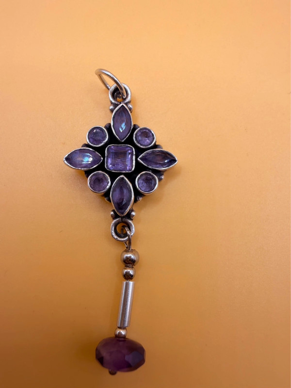 925 Sterling Silver Amethyst Paving And Drop Pendant-5cm 5.72g#116