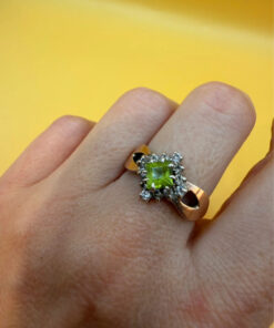 Silver ring with 14K gold plating and peridot, size O#114