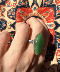 Uk size Q, silver plated ring with green unknown stone