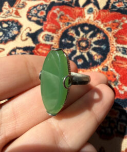 Uk size Q, silver plated ring with green unknown stone