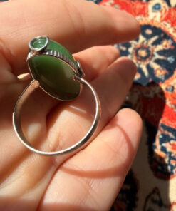 Uk size Q, silver plated ring with green unknown stone