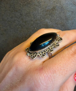 An incredibly beautiful vintage ring with black onyx, size R, sterling silver
