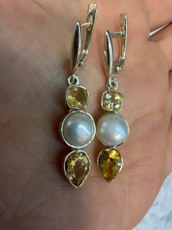 Silver earrings with citrine and pearls#43