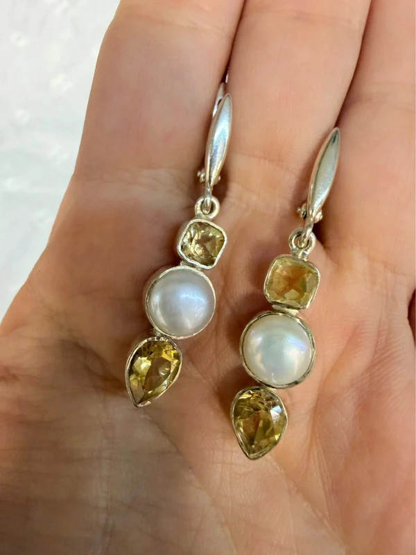 Silver earrings with citrine and pearls#43