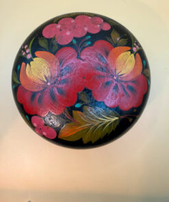 Russian Hand Painted Trinket Box Black Lacquer Round Vintage USSR Floral