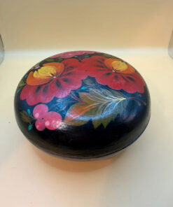 Russian Hand Painted Trinket Box Black Lacquer Round Vintage USSR Floral