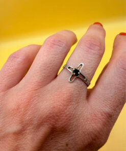 Religious ring with a cross and a blue stone, size N with the engraving: “Save and protect”#46