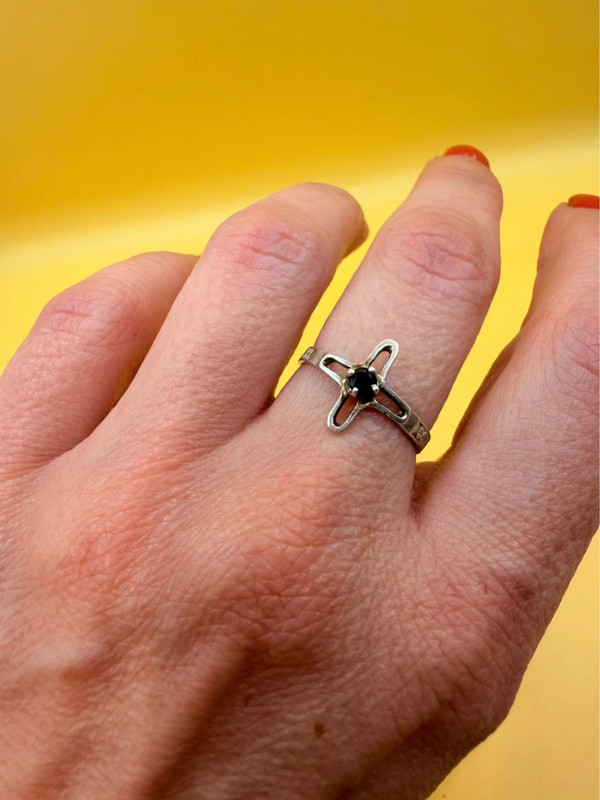 Religious ring with a cross and a blue stone, size N with the engraving: “Save and protect”#46