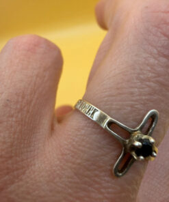 Religious ring with a cross and a blue stone, size N with the engraving: “Save and protect”