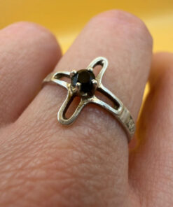 Religious ring with a cross and a blue stone, size N with the engraving: “Save and protect”