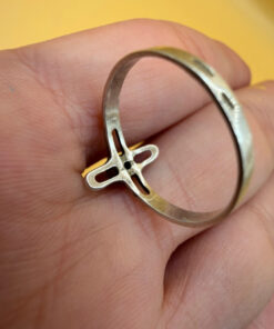 Religious ring with a cross and a blue stone, size N with the engraving: “Save and protect”
