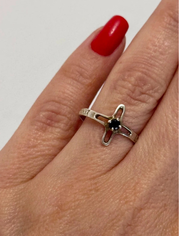 Religious ring with a cross and a blue stone, size N with the engraving: “Save and protect”#46