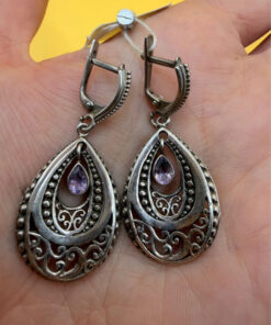 Silver earrings with amethyst, dangle style, weight 8.8 grams, new#46