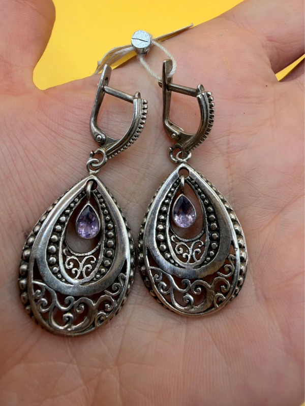 Silver earrings with amethyst, dangle style, weight 8.8 grams, new#46