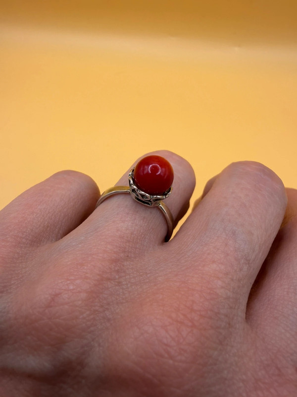 Natural coral sterling silver ring Uk size L#111