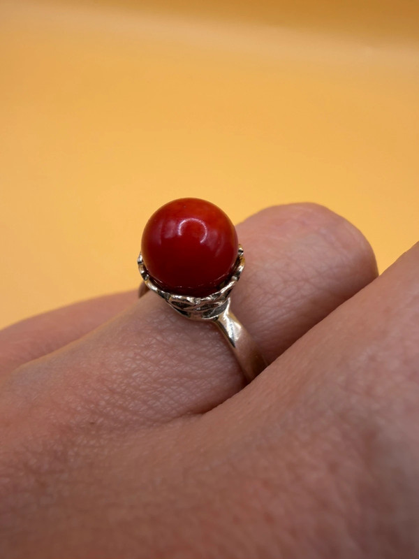 Natural coral sterling silver ring Uk size L#111