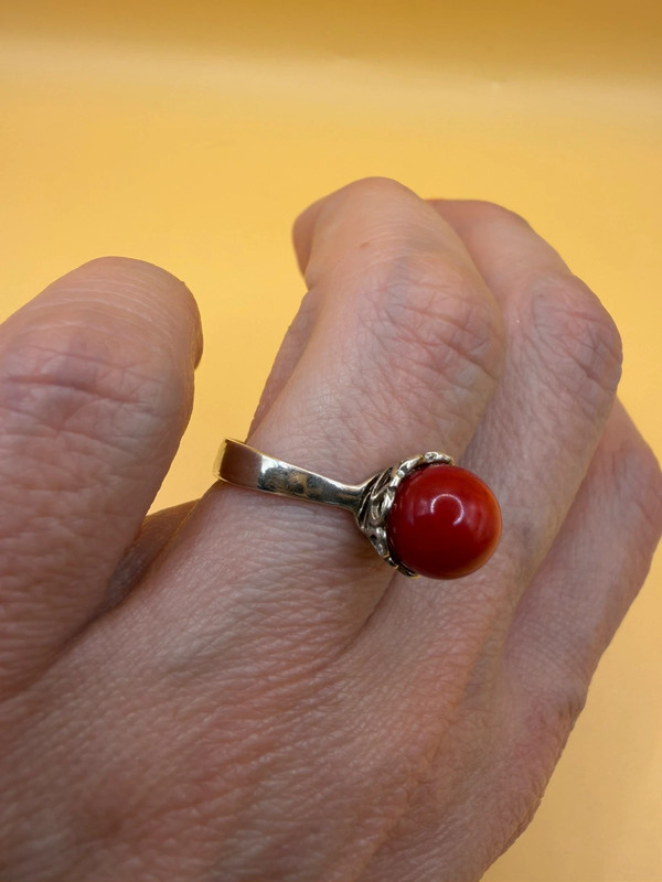 Natural coral sterling silver ring Uk size L#111