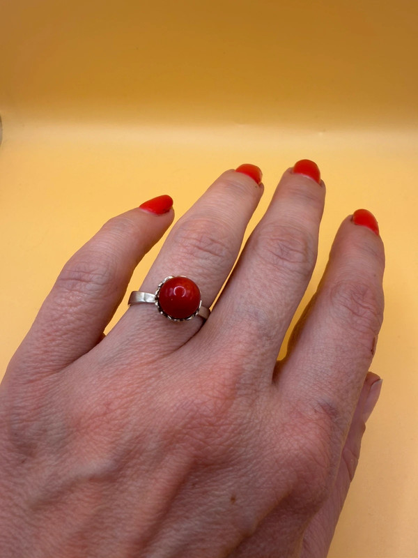 Natural coral sterling silver ring Uk size L#111