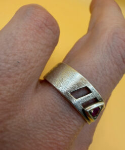 Sterling Silver Symbol Ring with Natural Ruby - Size Q