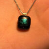 Vintage Emerald green dichroic fused glass pendant on a long sterling silver chain#138