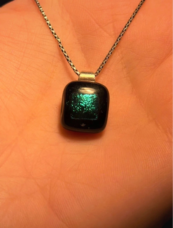 Vintage Emerald green dichroic fused glass pendant on a long sterling silver chain#138