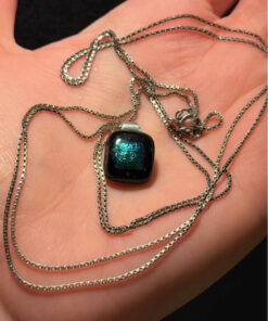 Vintage Emerald green dichroic fused glass pendant on a long sterling silver chain#138