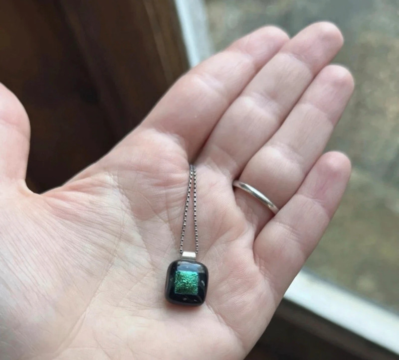 Vintage Emerald green dichroic fused glass pendant on a long sterling silver chain#138