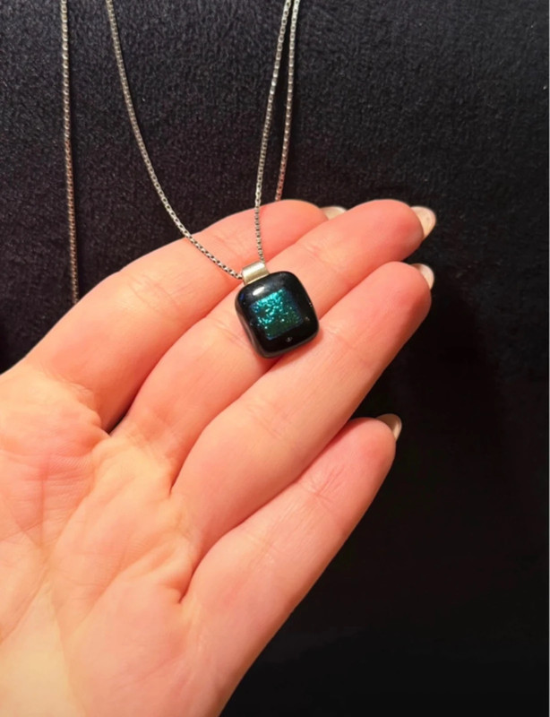 Vintage Emerald green dichroic fused glass pendant on a long sterling silver chain#138