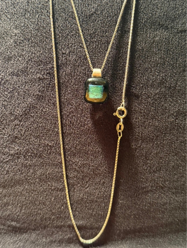 Vintage Emerald green dichroic fused glass pendant on a long sterling silver chain#138