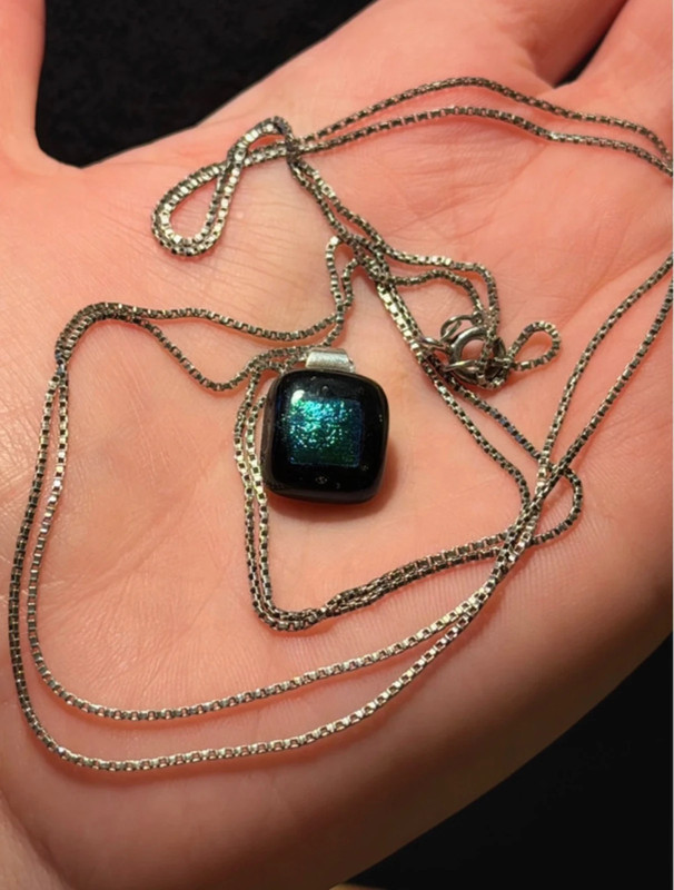 Vintage Emerald green dichroic fused glass pendant on a long sterling silver chain#138