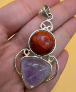 Wonderful silver angel pendant with red jasper and amethyst. Brings happiness. #134