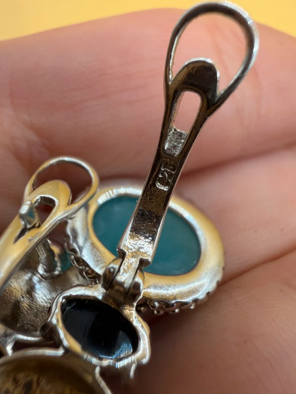 Unusual earrings. Sterling silver (925) with onyx and larimar.#152