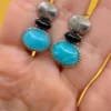 Unusual earrings. Sterling silver (925) with onyx and larimar.#152