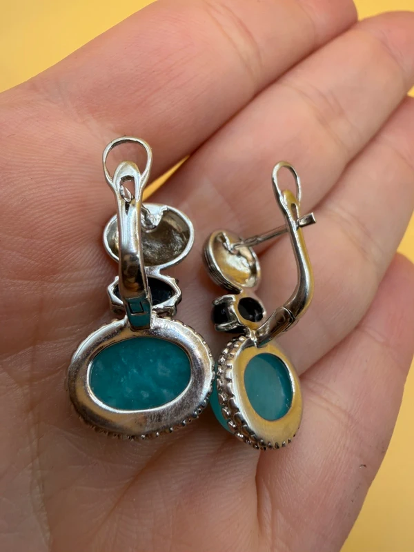 Unusual earrings. Sterling silver (925) with onyx and larimar.#152
