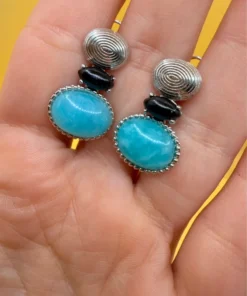 Unusual earrings. Sterling silver (925) with onyx and larimar.#152
