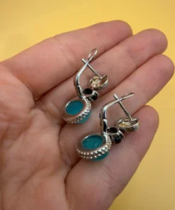Unusual earrings. Sterling silver (925) with onyx and larimar