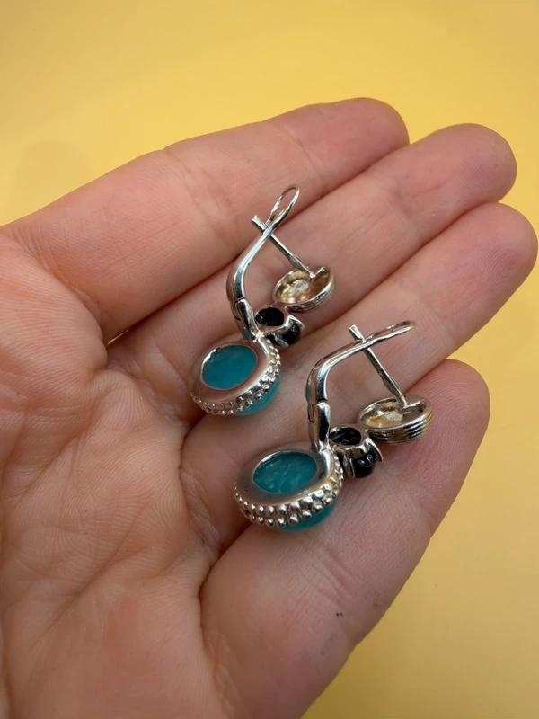 Unusual earrings. Sterling silver (925) with onyx and larimar.#152