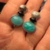 Unusual earrings. Sterling silver (925) with onyx and larimar.#152