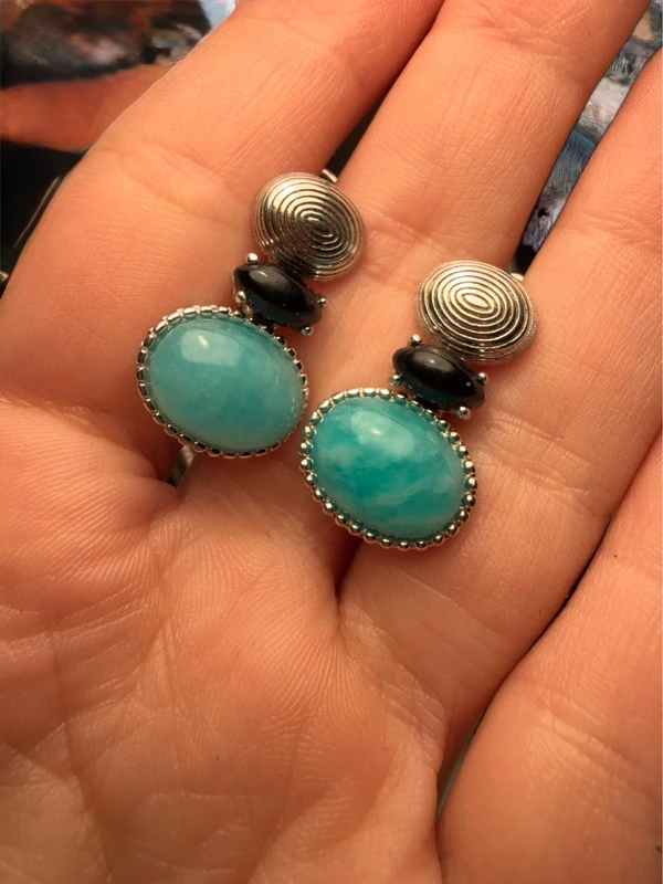 Unusual earrings. Sterling silver (925) with onyx and larimar.#152
