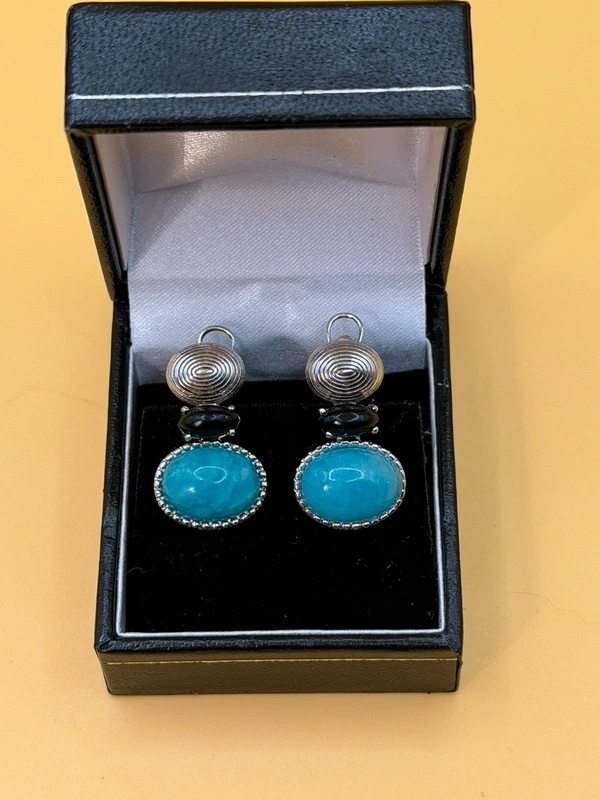 Unusual earrings. Sterling silver (925) with onyx and larimar.#152